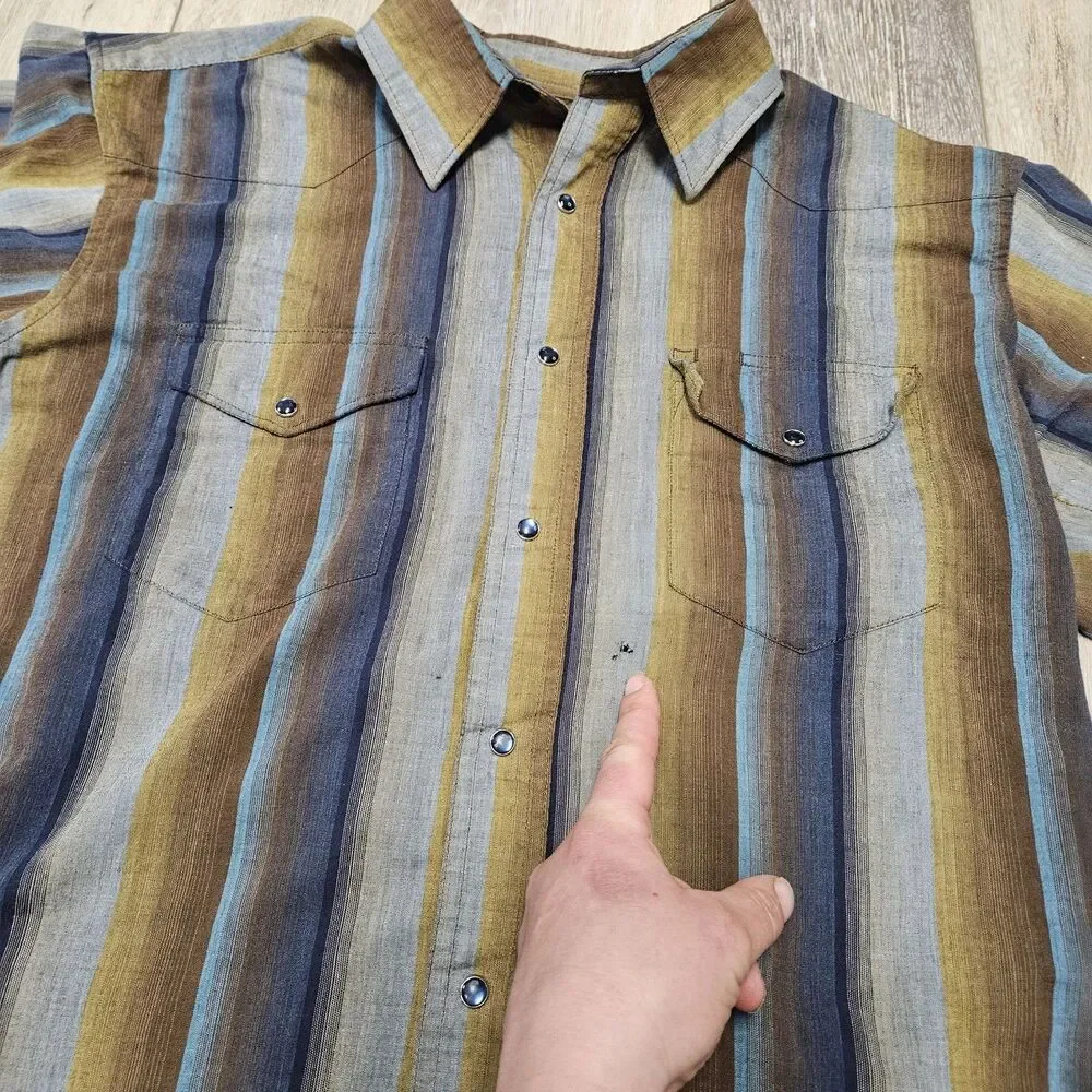 Wrangler Western Pearl Snap Button Up Striped Blue Grey Men's Medium Retro